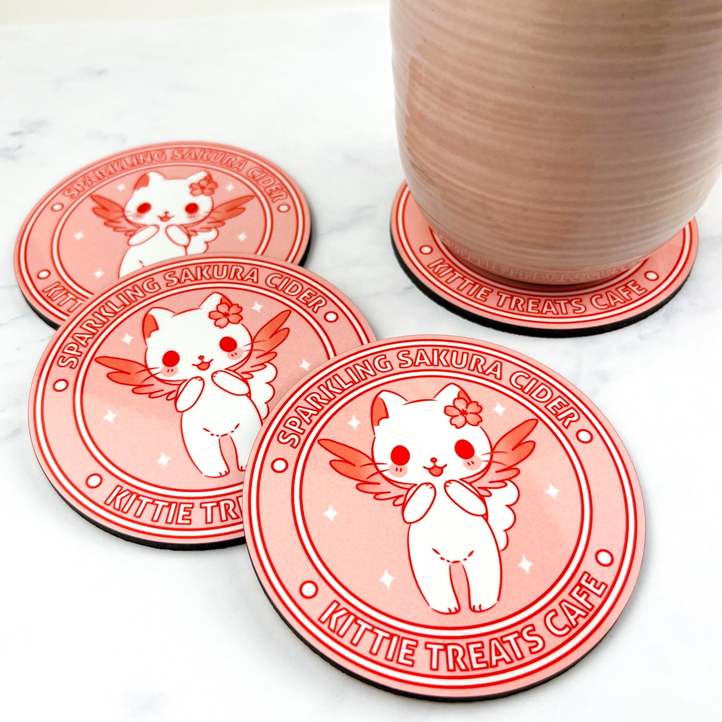 Sparkling Sakura Cider Cat Coaster Set