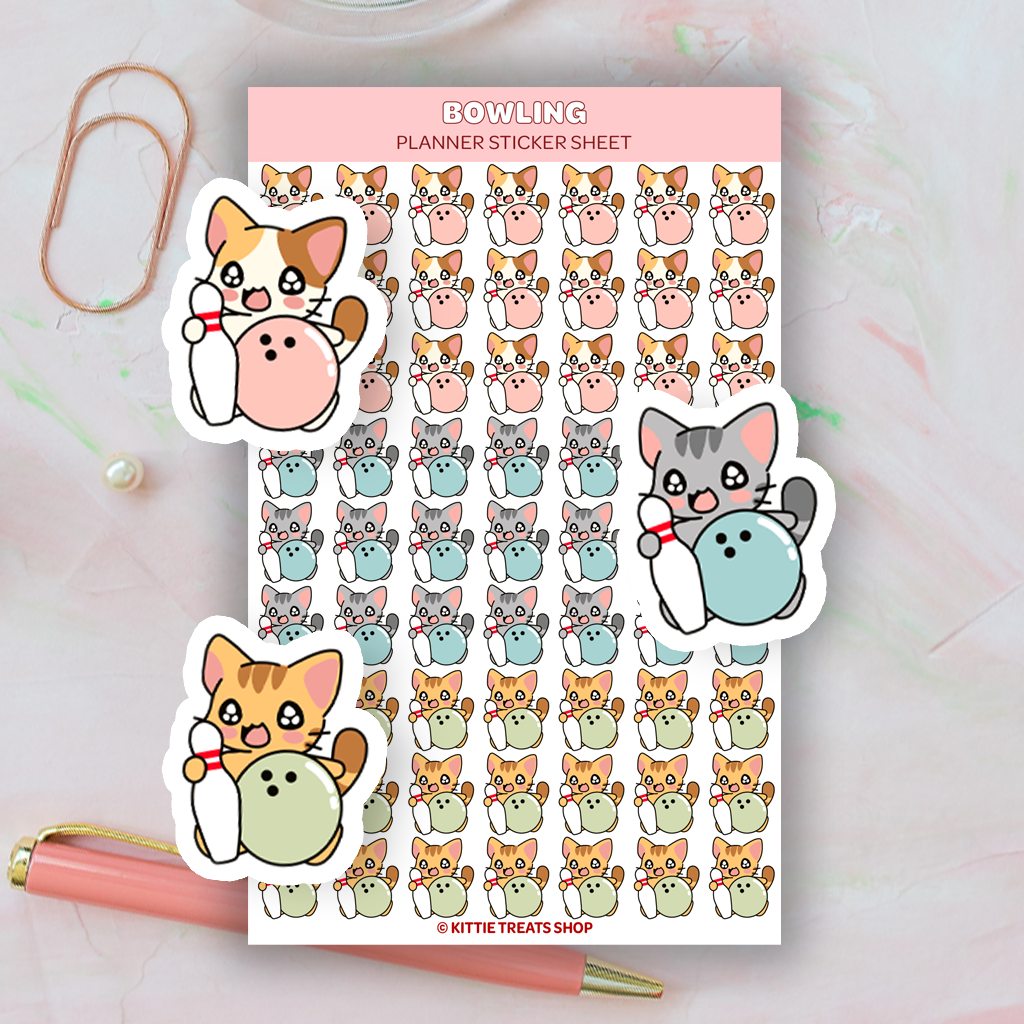 Bowling planner sticker featuring cute cats holding a bowling ball and bowling pins