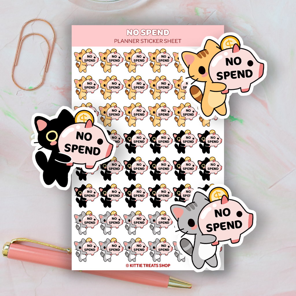 Planner stickers featuring cute kitties holding piggy banks with the text "No Spend" on them