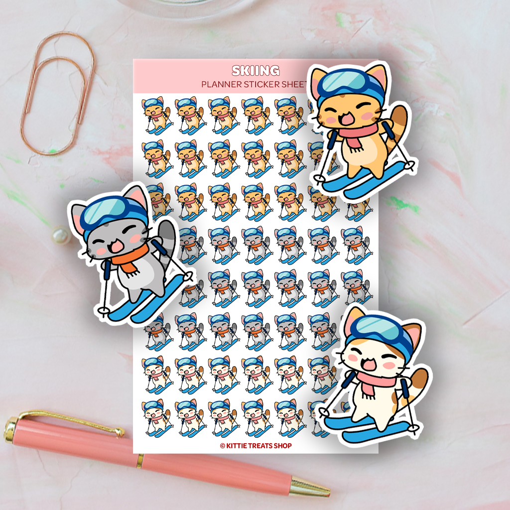 Planner stickers featuring skiing kitties