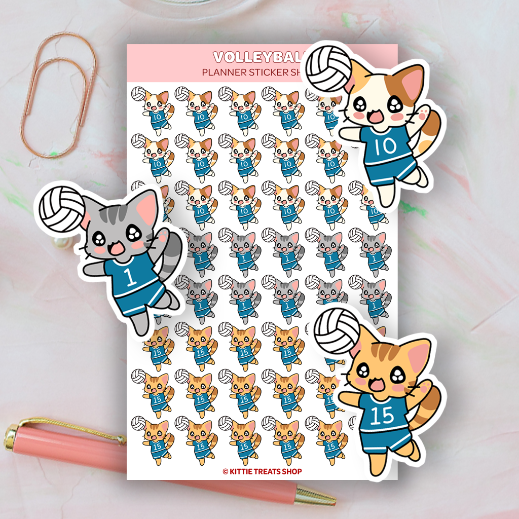 Planner stickers featuring cats playing volleyball